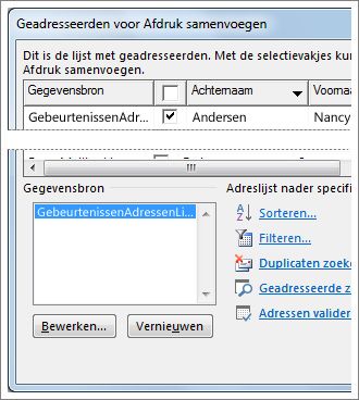 Opties voor de lijst Geadresseerden voor Afdruk samenvoegen