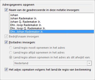 Opties voor Adresblok
