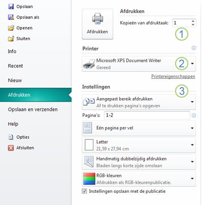 Afdrukinstellingen in Publisher 2010