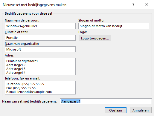 Schermafbeelding van het dialoogvenster Nieuwe set met bedrijfsgegevens maken.