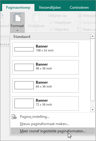 Schermafbeelding van de optie Meer vooraf ingestelde paginaformaten op het tabblad Paginaontwerp in Publisher.