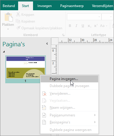 Pagina invoegen in het navigatiedeelvenster Pagina's in Publisher.