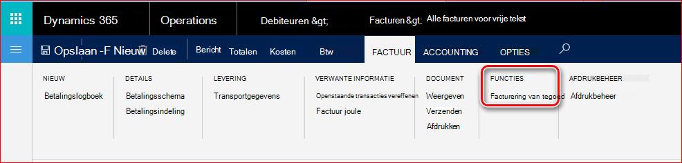 In deze afbeelding ziet u hoe u de functionaliteit kredietfacturering kunt vinden.