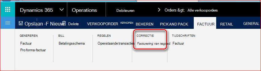 In deze afbeelding ziet u hoe u de functionaliteit kredietfacturering kunt vinden.