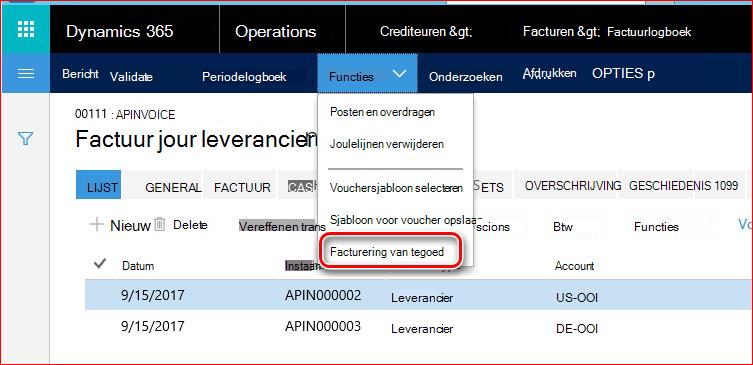 In deze afbeelding ziet u hoe u de functionaliteit kredietfacturering kunt vinden.