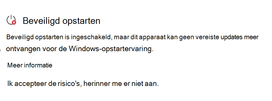 De sectie Beveiligd opstarten met de status Actie vereisen met een rood stoppictogram.