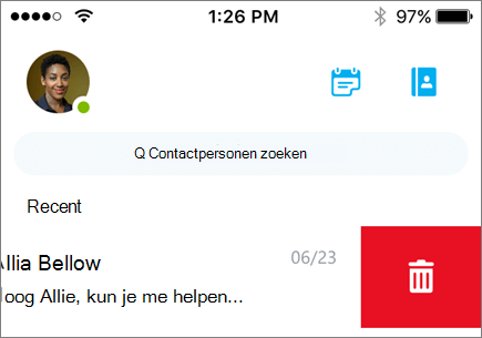 Een screenshot toont een gesprek dat wordt verwijderd in Skype voor Bedrijven voor iOS.