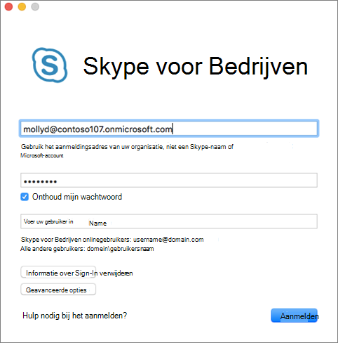 Aanmeldingsscherm van Skype voor Bedrijven voor Mac