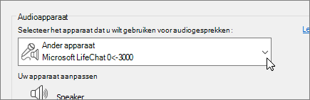 Een screenshot van het keuzemenu voor het audio-apparaat in het dialoogvenster Instellingen audioapparaat.