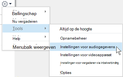 Een screenshot van het menu achter de knop Opties met Instellingen audioapparaat geselecteerd.