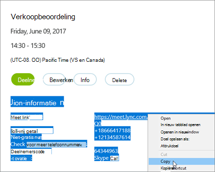 Vergaderingsgegevens markeren en kopiëren