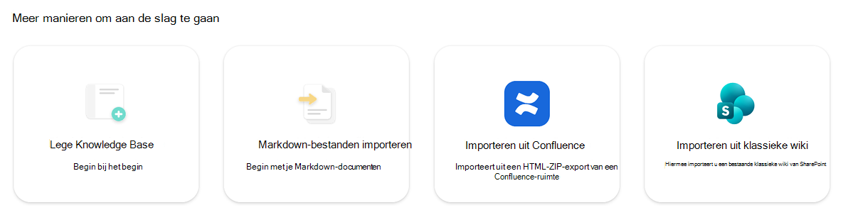 Schermopname van de sectie Meer manieren om te beginnen met opties om een lege Knowledge Base te maken of Markdown-bestanden, Confluence-inhoud of een klassieke wiki te importeren.