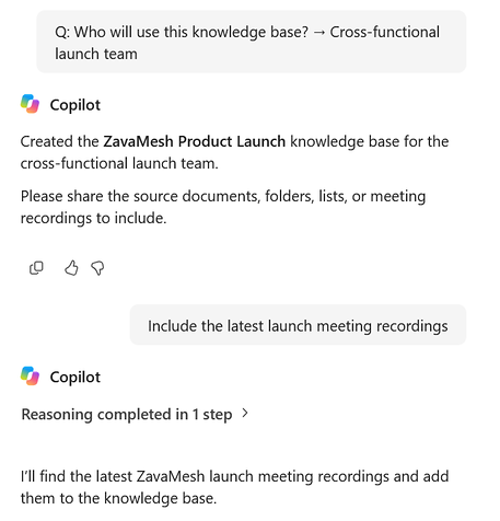 Schermopname van Copilot in SharePoint waarin wordt bevestigd dat de Knowledge Base is gemaakt en waarin wordt gevraagd om bronnen op te nemen.