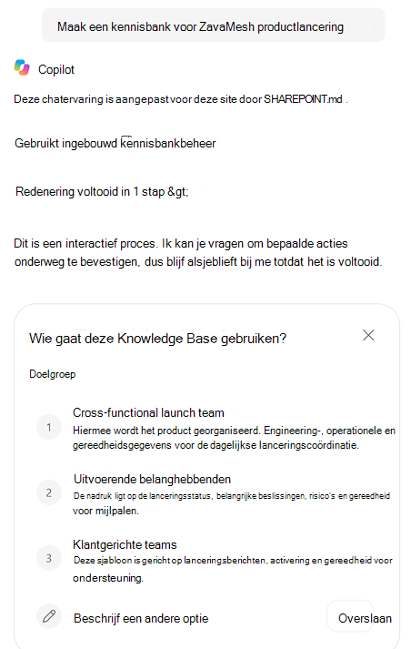 Schermopname van Copilot in SharePoint waarin wordt gevraagd wie de nieuwe Knowledge Base gaat gebruiken, met drie voorgestelde doelgroepen.