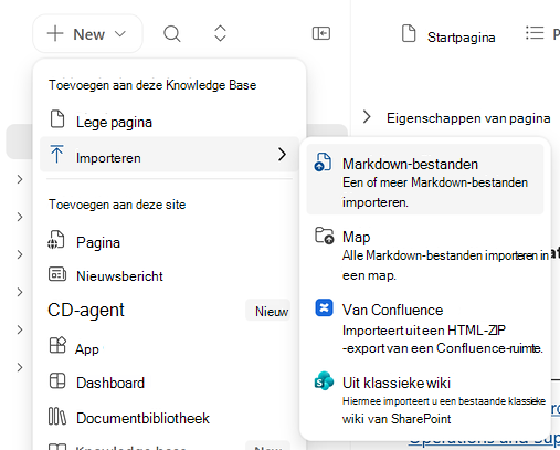 Schermopname van het menu Nieuw in een Knowledge Base met Importeren geselecteerd, met de Markdown-bestanden, Map, Van Confluence en Van klassieke wiki-opties.