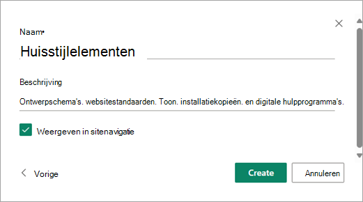 Nadat u de gewenste naam en beschrijving van de bibliotheek hebt ingevuld, selecteert u Maken.