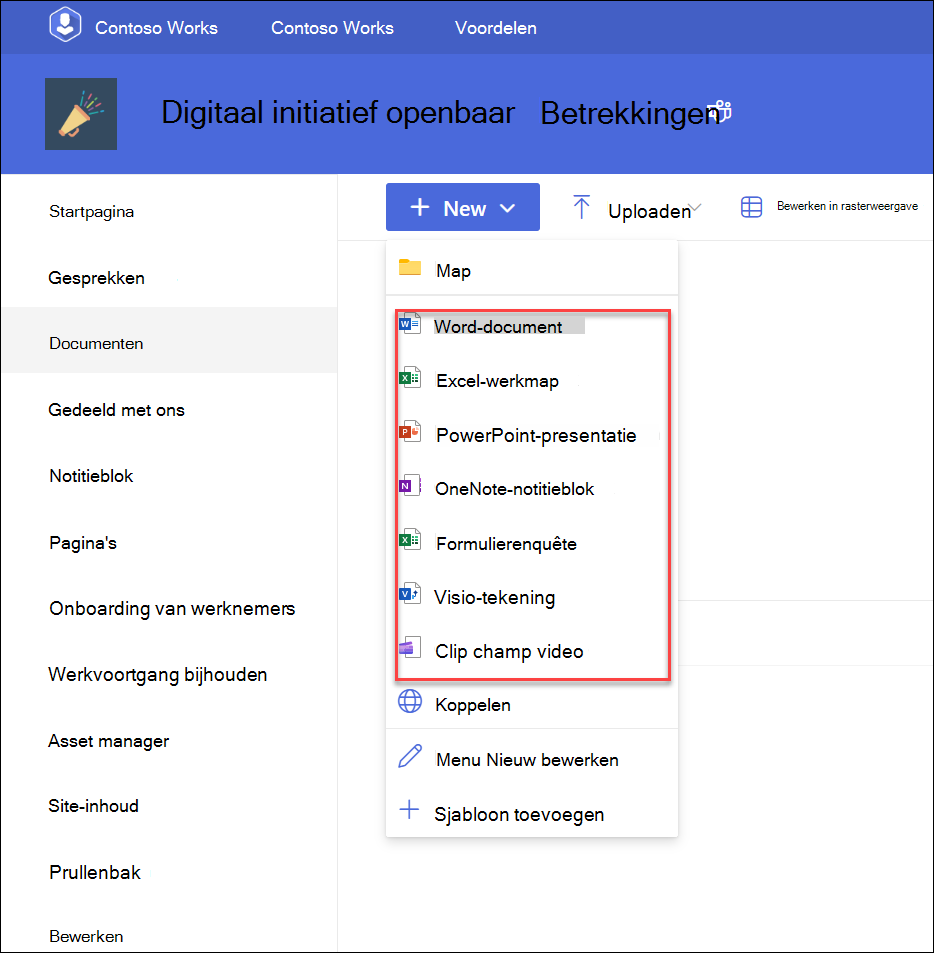 schermopname van de vervolgkeuzelijst om nieuwe bestanden toe te voegen