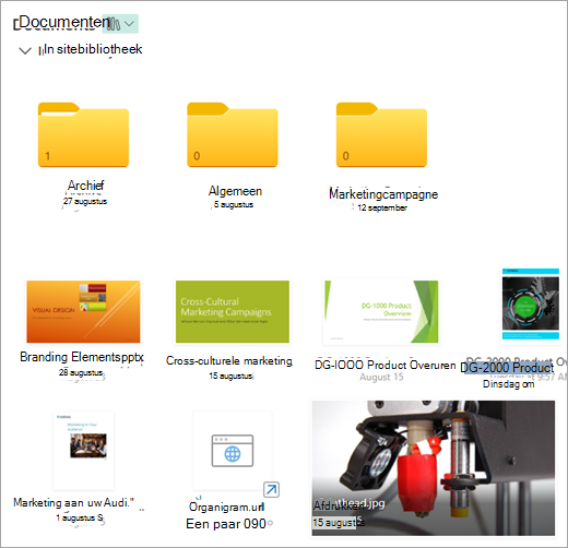 Schermopname van een moderne SharePoint-documentbibliotheek met een koppeling.