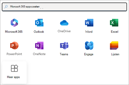 Een selectie van Microsoft 365-apps. De laatste tegel is Meer apps.