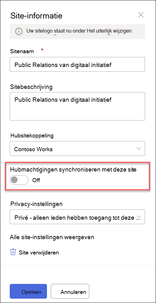 schermafbeeldingen van de wisselknop Synchronisatie van Gekoppelde sites