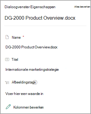 Schermafbeelding van de eigenschappen voor een document in een SharePoint-bibliotheek.