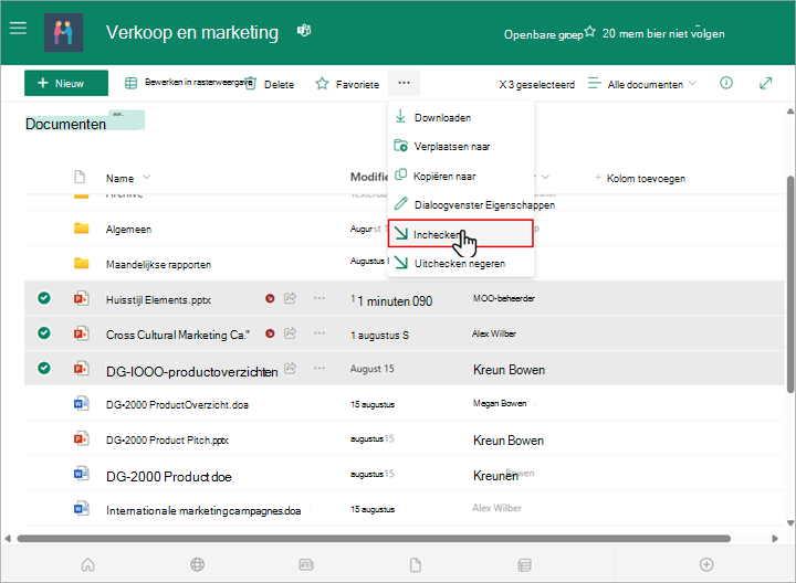 U kunt meerdere bestanden in uw SharePoint-bibliotheek selecteren en inchecken.