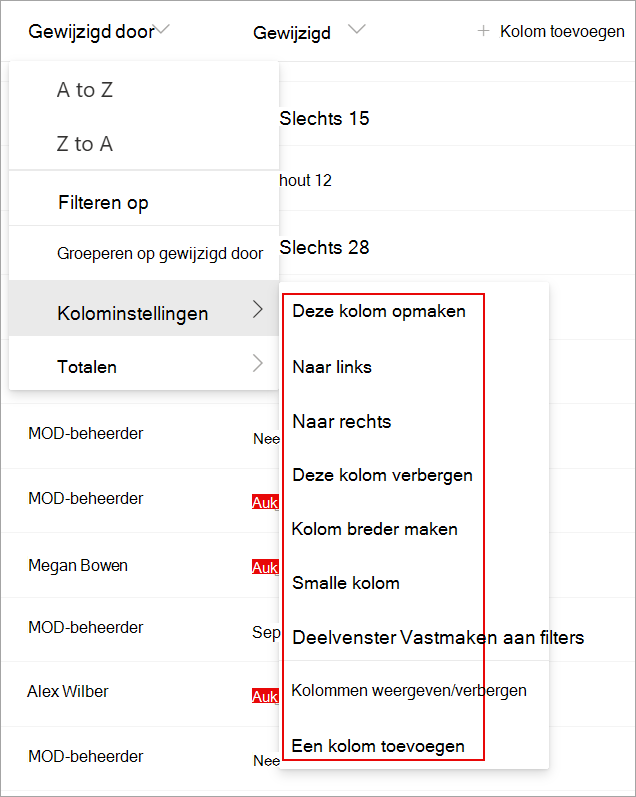 Schermafbeelding van de kolominstellingen in een lijst die u kunt gebruiken om de lijst te wijzigen.