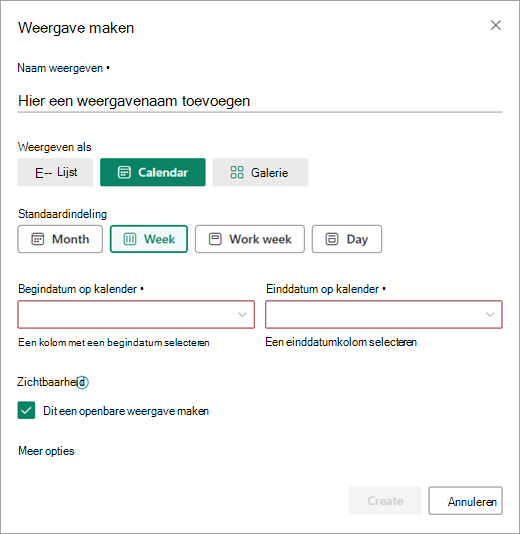 Voeg agenda-instellingen toe in het dialoogvenster Weergave maken.