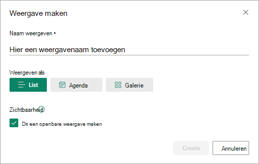 In het dialoogvenster Weergave maken kunt u het gewenste type weergave voor uw lijst instellen.
