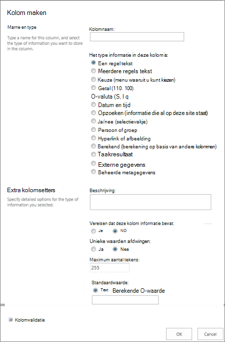Het dialoogvenster Kolom maken