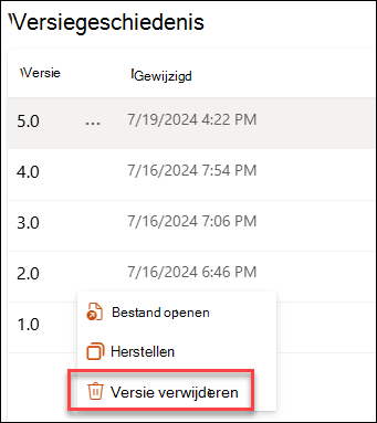 schermopname van het verwijderen van een versie