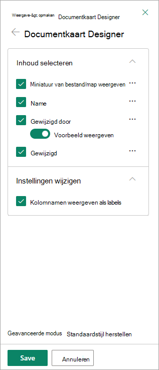 In het venster Document Card Designer kunt u instellen wat u op elk kaartje wilt weergeven.