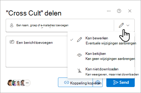 Het dialoogvenster Delen met opties voor een gedeeld bestand.