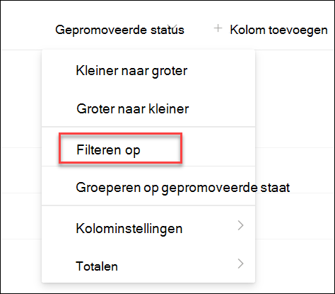 schermafbeelding van Filteren op gepromoveerde status