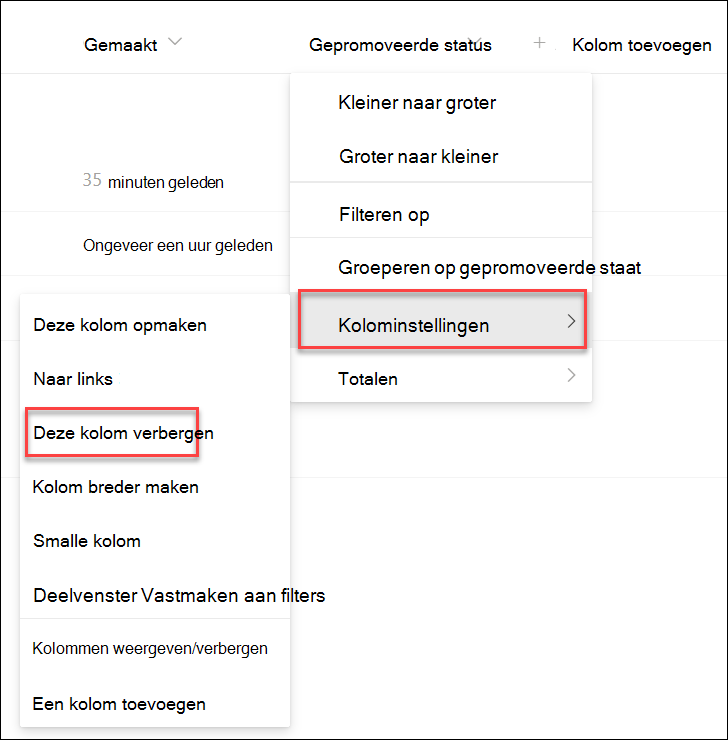 schermafbeelding van het verbergen van een kolom