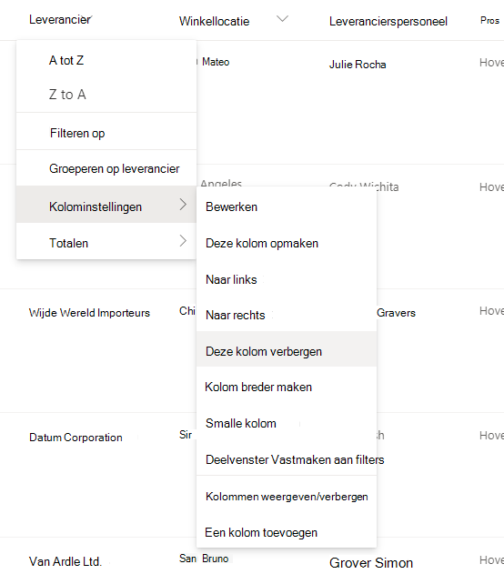 De kolominstellingen > Deze kolomoptie verbergen wanneer een kolomkop is geselecteerd in een moderne SharePoint-lijst of -bibliotheek