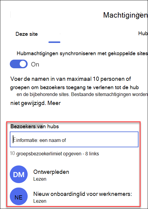 schermopnamen van machtigingengroepen voor hubsite