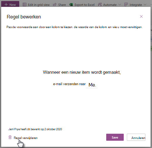 Schermafbeelding van het verwijderen van een regel voor een lijst op de pagina Regel bewerken.