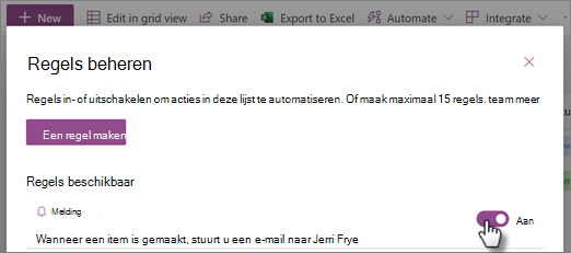 Schermafbeelding van het in- of uitschakelen van een regel op de pagina Regels beheren.