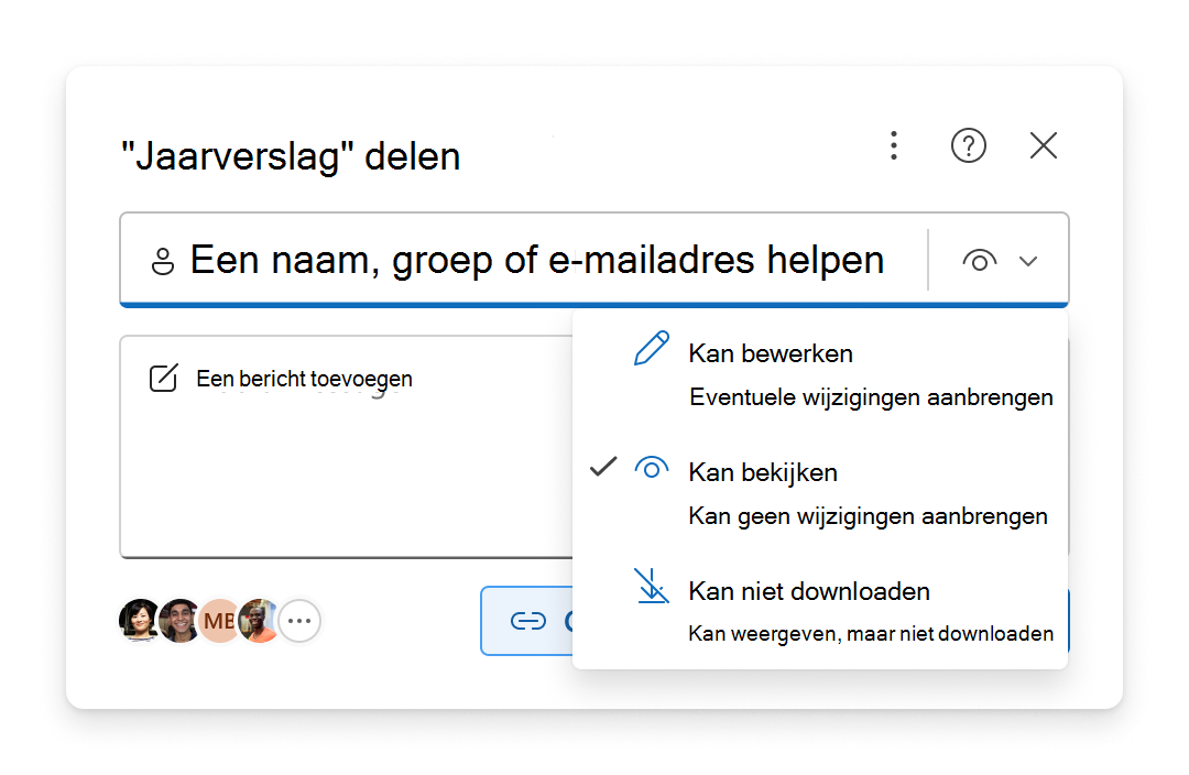 Menu met machtigingsopties in de ervaring voor delen