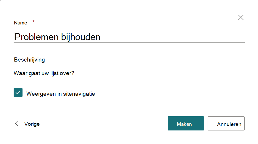 Dialoogvenster met een naam en beschrijving voor de nieuwe lijst