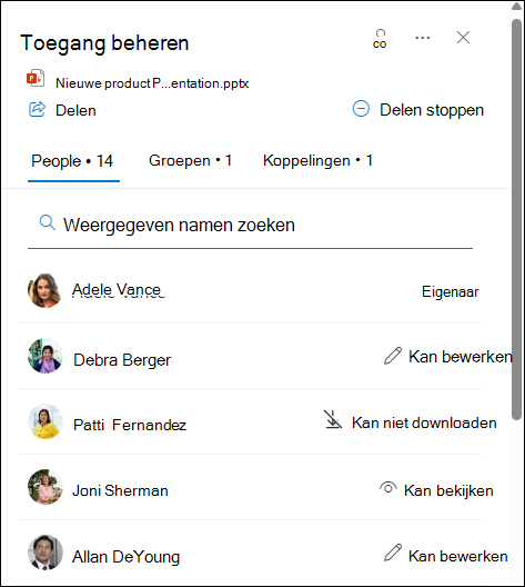 De hovercard vermeldt de personen die het document delen