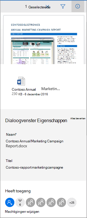 Metagegevensvenster voor Office 365-document