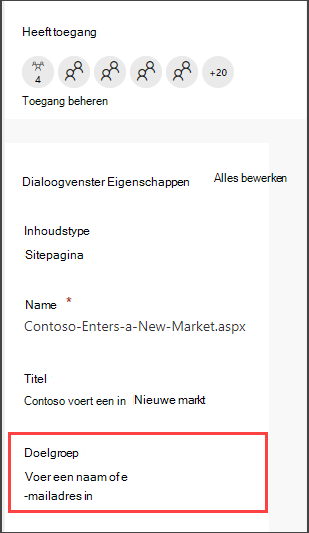 Detailvenster Pagina's met optie voor het opgeven van een doelgroep