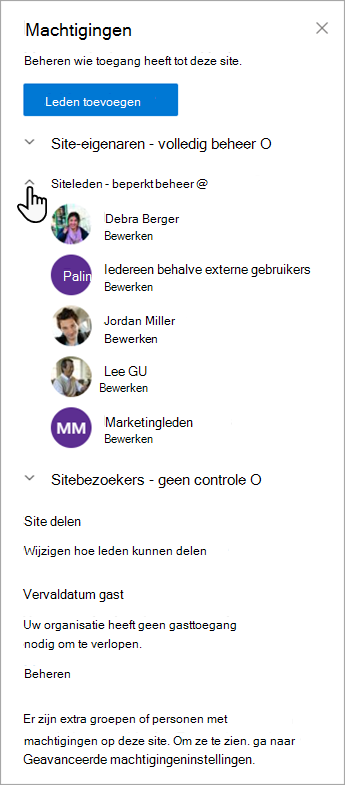 Het dialoogvenster Machtigingen waarmee u leden en hun machtigingsniveaus kunt beheren.