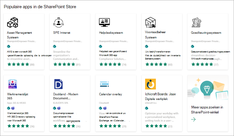 Schermopname van een aantal populaire apps die u kunt toevoegen aan uw site vanuit de SharePoint-winkel.