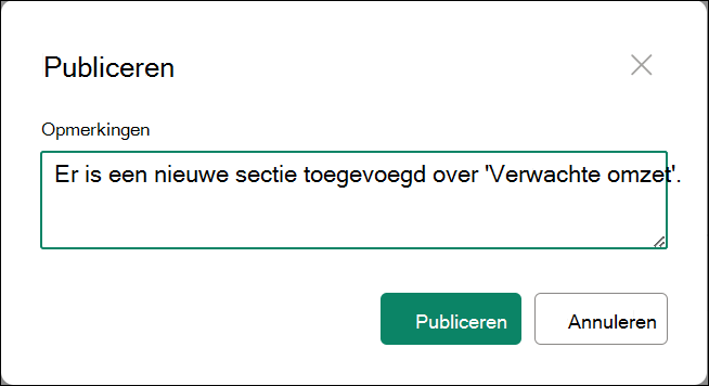 Schermafbeelding van het publiceren van primaire versie met opmerkingen