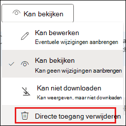 Schermafbeelding van machtigingen voor delen met directe toegang verwijderen gemarkeerd.
