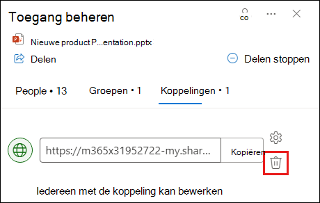 Schermafbeelding van het dialoogvenster Toegang beheren met het tabblad Koppeling geopend. De knop Koppeling verwijderen is gemarkeerd.