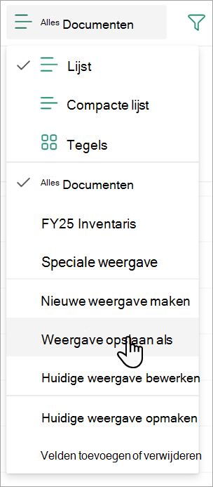 Schermafbeelding van de opdracht Weergave opslaan als die u kunt gebruiken om uw weergave een naam te geven.